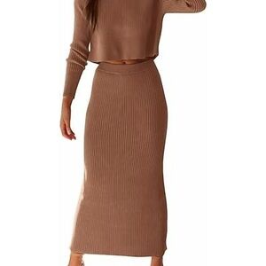 Chic Ribbed Knit Skirt Set in Tan